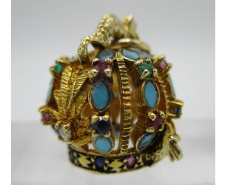 A gold pendant in the form of a Russian Imperial crown set with diamonds, emeralds, rubies and turquoise, unmarked, tested fo