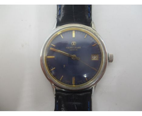 A Favre Leuba manual wind stainless steel gents wristwatch, having a blue dial with gilt baton markers and hands with a date 