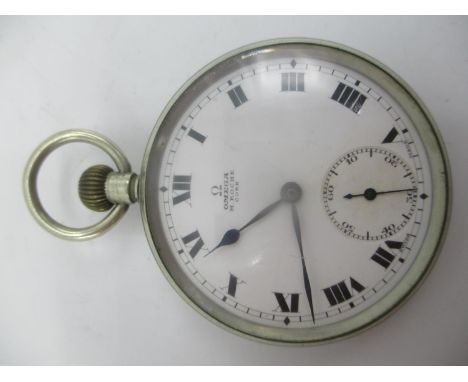An early 20th century Omega stainless steel keyless wound triple signed pocket watch having a white enamel dial with Roman nu