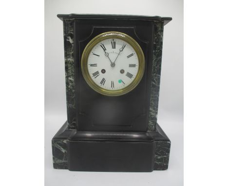 A late 19th century large slate and marble mantle clock, having a white enamel dial, signed Joret &amp; Labrosse with Roman n