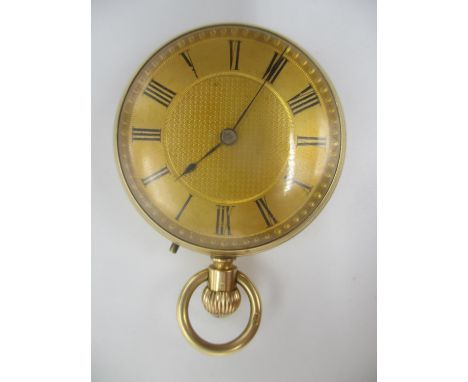 A late 19th/early 20th century 18ct gold open faced, keyless wound fob watch having a machine turned dial to the centre and R