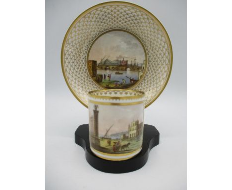 A 19th century coffee cup and saucer decorated with Italian scenes, Parte Opposta della Villa Reale and Molo Piccalo di Napol