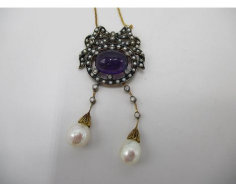 A gold and silver pendant set with a cabochon amethyst, seed pearls and diamonds surmounted by a bow and two pearl drops, on 