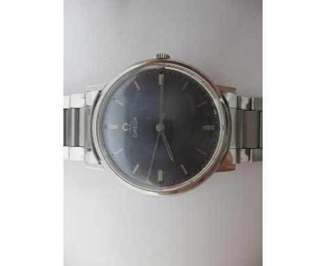 An Omega manual wind gents, stainless steel 1960s wristwatch having a blue dial with centre seconds, Omega crown and bracelet