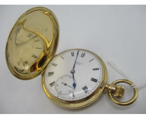 An early 20th century 18ct gold full hunter, keyless wound pocket watch. The white enamel dial having Roman An early 20th cen