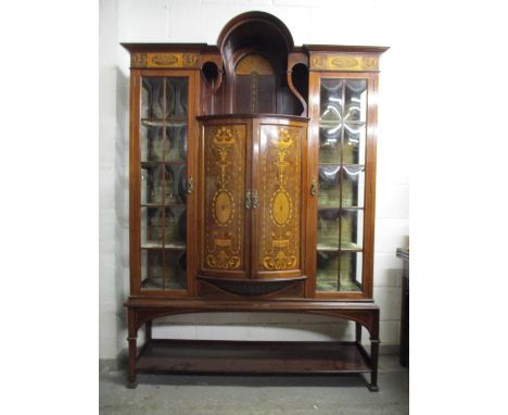 An Edwardian Taylor and Hobson mahogany and extensive marquetry inlaid display cabinet with a central arched top, over a shel