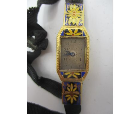An early 20th century Buren 18ct gold and enamelled ladies, manual wind cocktail watch having a silvered dial with Arabic num