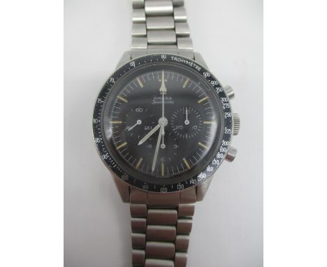 An Omega premoon, Speedmaster Ed White, manual wind, stainless steel gents wristwatch. The black dial with luminous baton mar