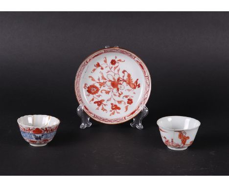 A milk and blood plate, floral decor and capuchin back, two various milk and blood cups with a.o. Figure decor. China, Kangxi