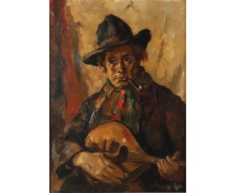 Cor Noltee (The Hague 1903 - 1967 Dordrecht), Mandolin player with hat and pipe, signed (bottom right), oil on canvas.71 x 50