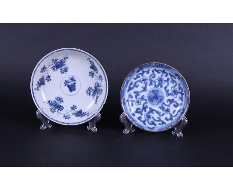 Two porcelain plates, both with floral decor and both with capuchin and chamois leather backs, one marked. China, Kangxi/Yong