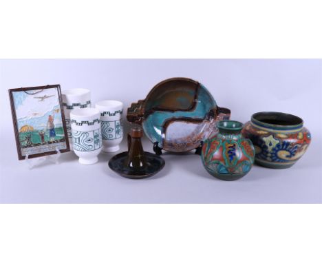 A lot of various pottery including a candlestick from Kat Bergen op Zoom, a bowl designed by Etha Lempke and a cloisonne tile