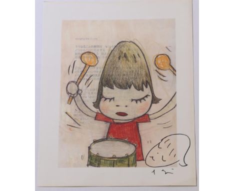 Yoshimoto Nara (B.: Hirosaki, Aomori, Japan 1959), (after), Banging the Drums, offset print, with signature and drawing in fe