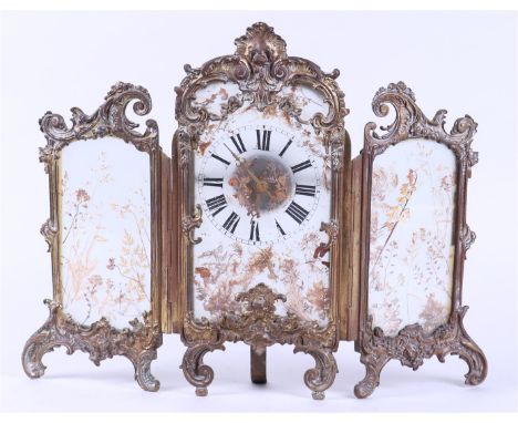 A Louis XV-style three-strike alarm clock with dried flowers behind glass. Approx. 1880.H.: 34 cm. 