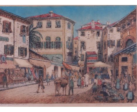 Eugène Rensburg (The Hague 1872 - 1956), View of the Menton market, signed and annotated with title (in the plate), and signe