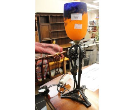 French signed Art Nouveau small table lamp with orange and purple glass shade  and wrought iron base