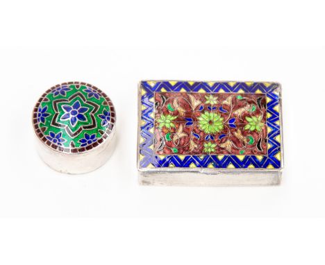 A white metal and enamel trinket box and a circular example (2)
