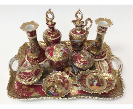 A Vienna porcelain dressing table set early 20th Century printed classical figure scenes after Kaufmann with cream, green and