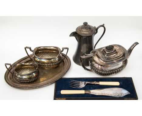 ***REOFFER IN NOVEMBER A&amp;C £30/40***EP BM Jug, three piece EPNS teaset, set of EPNS teaspoons, EPNS fish knife and fork