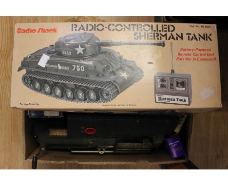 Wilesco Old Smokie with boxed hook and ladder truck, Radio Shack, Sherman Tank etc (one box)