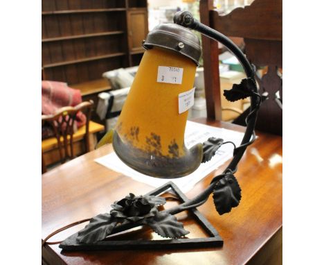 Muller Frere French Art Noveau amber coloured table lamp with triangular shaped wrought iron base 