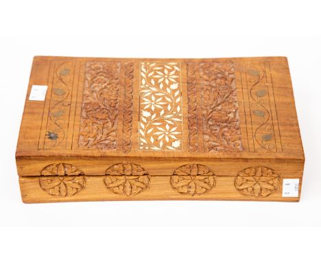 Carved wooden box, vintage pens, etc