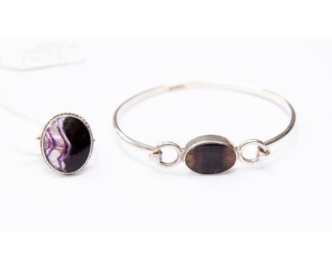 Two items of silver set Blue John jewellery comprising a ring and a bangle