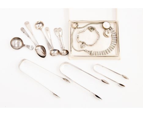 Silver sugar nips, tea spoons, mustard and caddy spoon, various ages and assay offices, approx 5.49ozt, including costume jew
