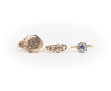 A 9ct gold ring encasing a Mexican Gold coin, size Y, total gross weight approx 2.9gms, two 9ct gold paste set dress rings A.
