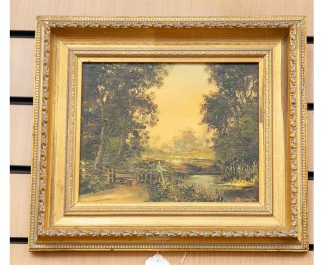 A 20th Century oil on canvas of man fishing, R Douglas 