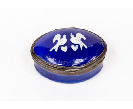 A Bilston enamel snuff box in Cobalt blue, "this box intended for my friend" with raised pattern of two Love Birds in white o
