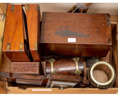 One box of assorted boxes and treen to include writing slope and others, plus a barometer