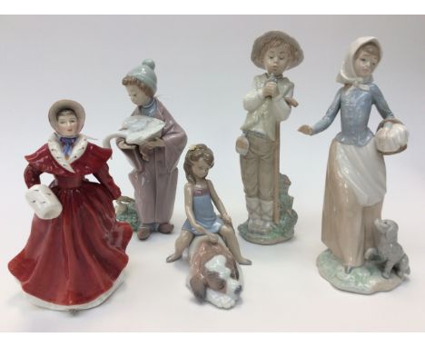 Two Lladro figures with two Nao figures and Royal Doulton figure, 'The Skater' (5)