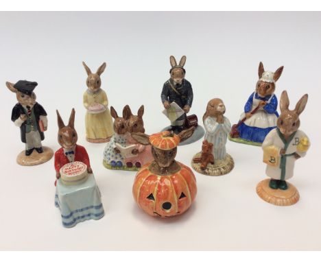 Royal Doulton Bunnykins, Halloween, Storytime, Birthday, Schoolmaster, Bathtime, Air Controller, Bedtime, Clean Sweep, and 60