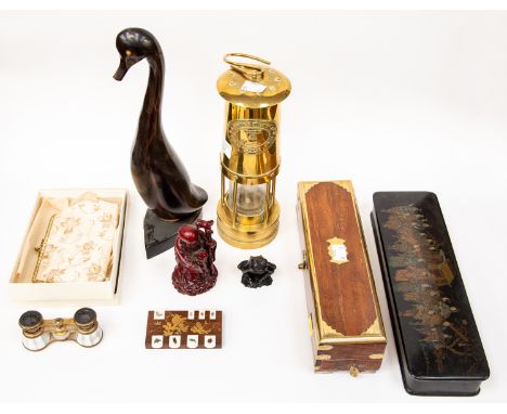 A Chinese lacquer ware glove box, a hardwood rectangular box, having brass edging, Bridge markers, inlaid with insects, mothe