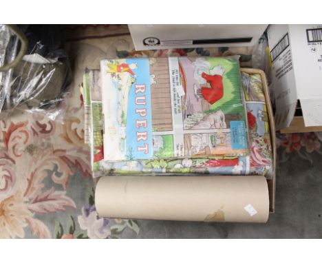 Two boxes of assorted Rupert memorabilia: to include curtains, posters, magazines etc. (two boxes)