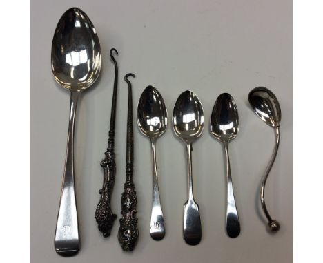 A Silver serving spoon, London 1817, approx weight 1.91ozt with three silver tea spoons, approx weight 1.43ozt, two Silver ha