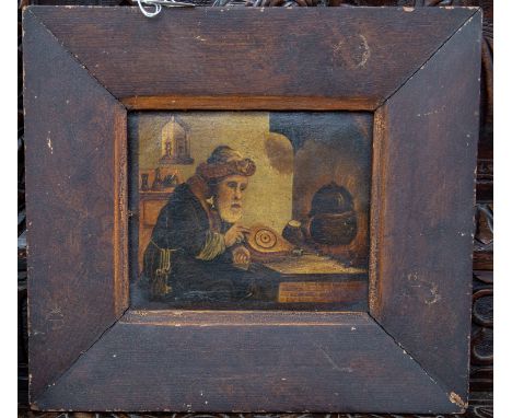 A late 17th Century, early 18th Century painting of a Moorish Alchemist in original frame together with a coloured Lithograph