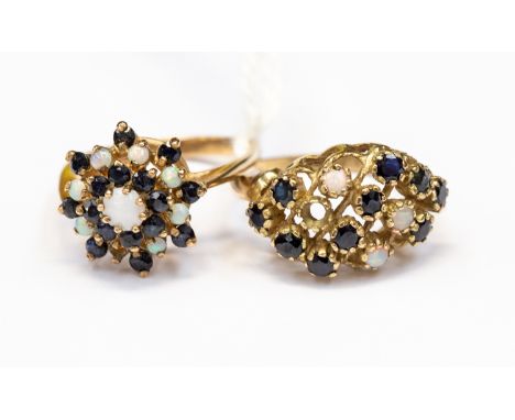 Two sapphire and opal cluster rings set in nine carat gold, size P and R, with a combined total gross weight approx nine gms,