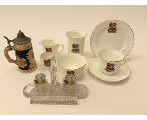 Crested China mainly Willow Art of Gretna Green Beaker, Trio jug, basin (ta) and egg cup together with glass and gilt metal d