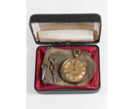 An 18ct gold hunter, engine turned, Roman numerals, key  