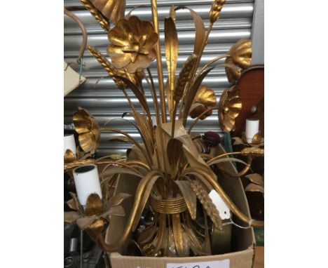 A box of metalware etc, including a guilt metal ceiling light in the form of poppy flowers and ears of corn.