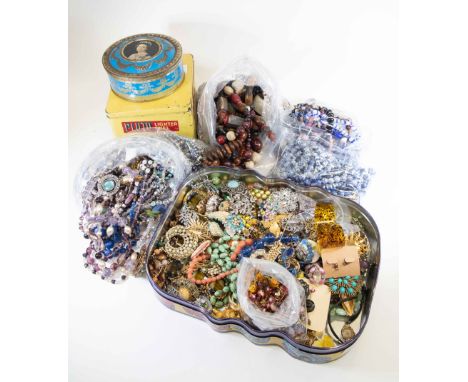 Costume jewellery glass and banded agate beads, brooches, bracelets, blue and white ceramic beads, etc (Quantity)