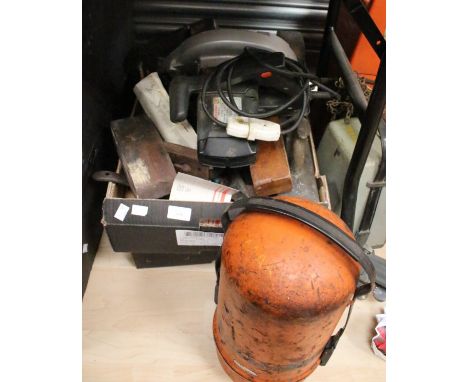 Two boxes of Vintage tools ie Plains, circular saw, along with small HiFi system