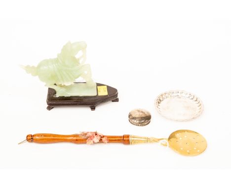 A carved Chinese Jade Horse, silver trinket dish, Birmingham 1973, approx 1.15 ozt, with silver jar cover, etc (4) 