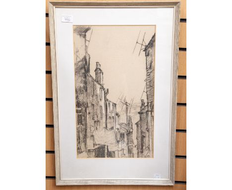 Collection of framed pictures to include a charcoal study of Fore Street in St Yves, Cornwall, a 19th century miniature milit