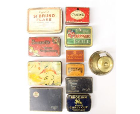 A Liptons 1924 British Exhibition tea caddy, various cigarette and tobacco tins and a Sharps toffee tin 1950s (11)