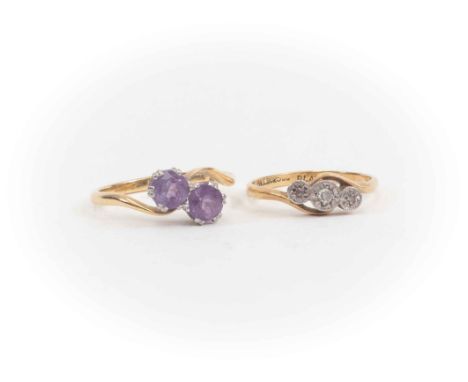 Two 18ct gold dress rings, comprising a two stone amethyst ring, and a diamond three stone, sizes N and K1/2, combined total 