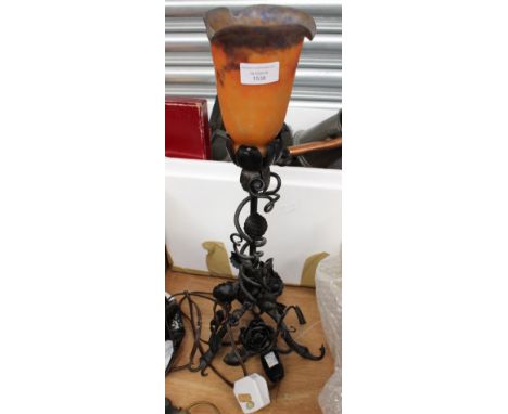 Art Nouveau French glass table lamp with floral wrought iron base