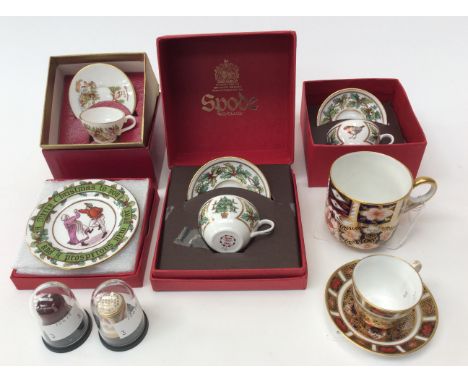 Royal Crown Derby Mini cup and saucer; two thimbles: Crown Derby Coffee cup: Spode mini cup and saucers x 2: Spode mini plate